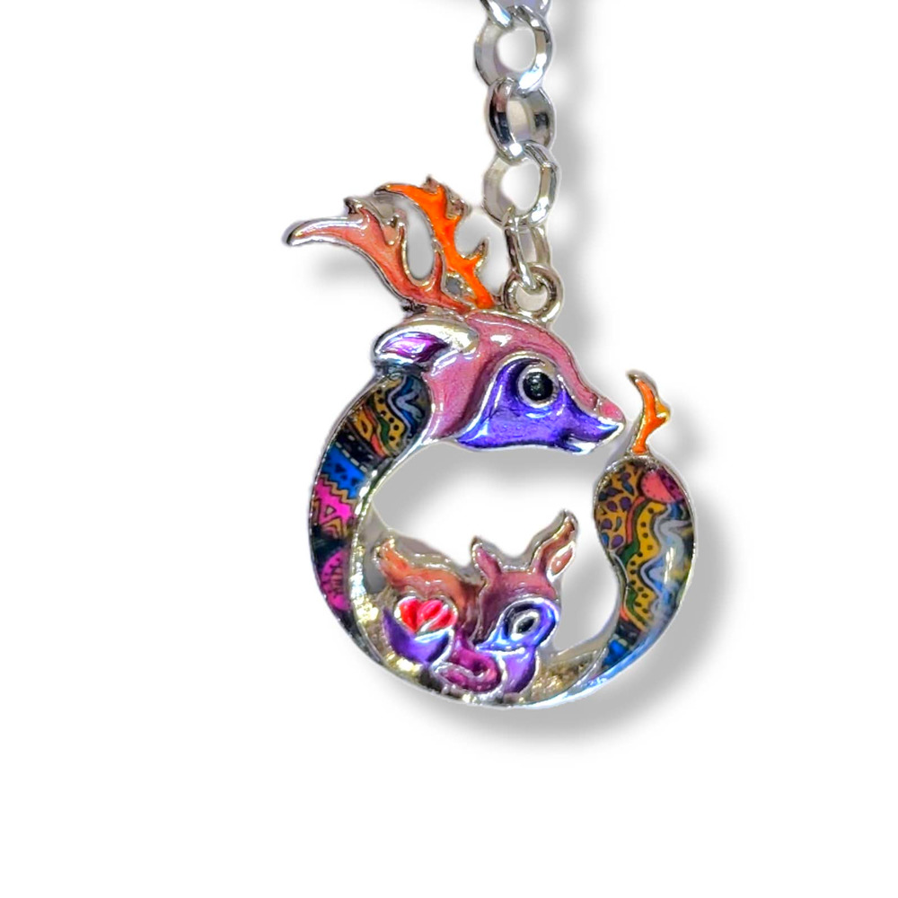 Chrome Silver Multi-Color Enamel Hodge Podge Deer and Doe Head Key Chain